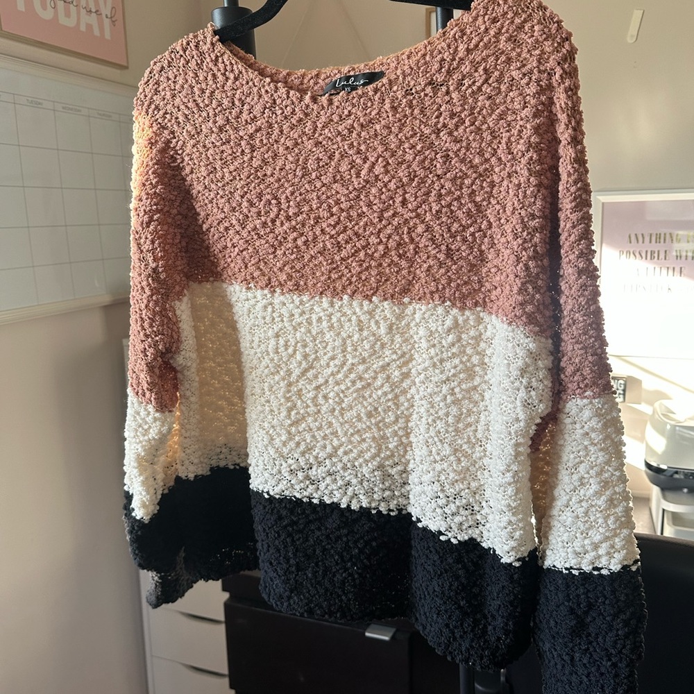 Velvet Colorblock Popcorn Knit Sweater - Dusty Rose/White/Black